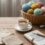 かぎ針編みの細編みコースター、毛糸バスケット、編み物ノートが並ぶ、温かいお茶のある机の風景