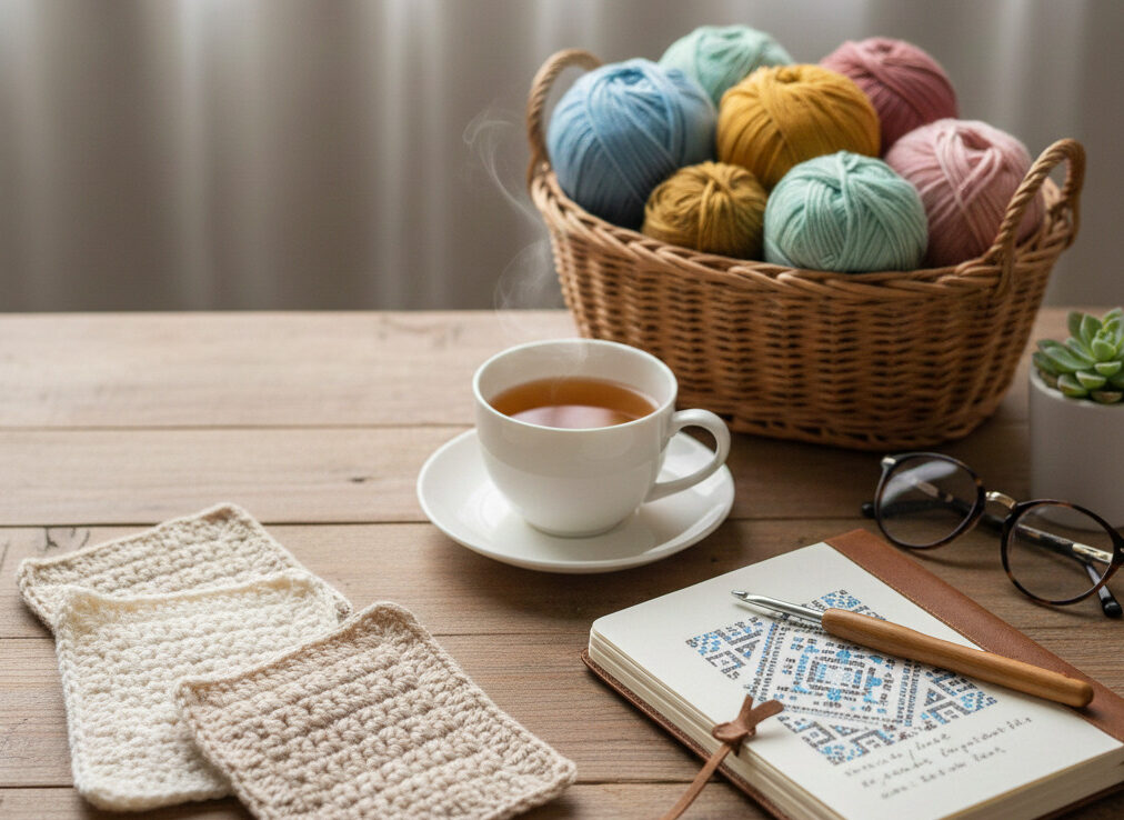 かぎ針編みの細編みコースター、毛糸バスケット、編み物ノートが並ぶ、温かいお茶のある机の風景